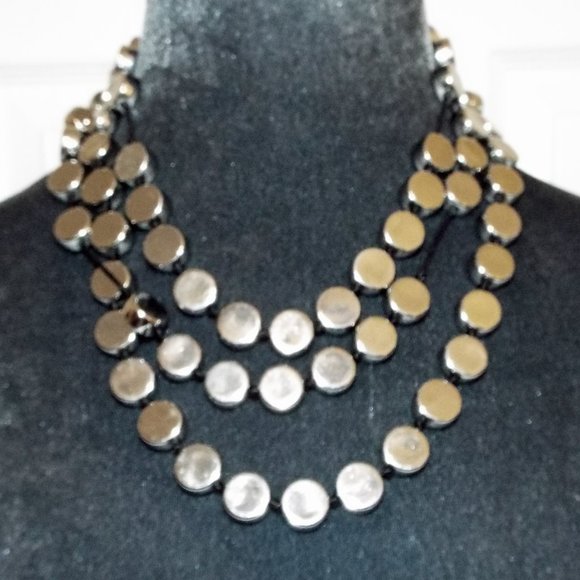 CHICOS SILVERY ROUND "COINS" 3 STRAND ON BLACK CORD NECKLACE 74 - Picture 1 of 2